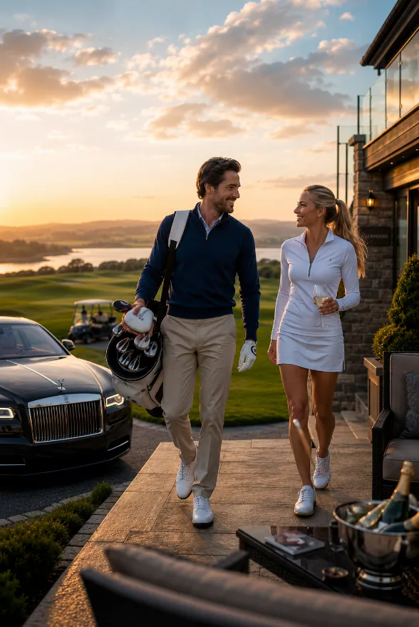 A high-net-worth couple enjoying a luxury lifestyle at a golf resort at sunset