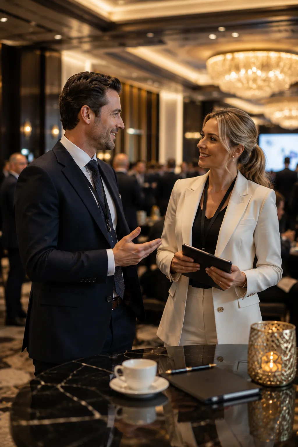 An InvestLink adviser in conversation with a private client in a luxury setting