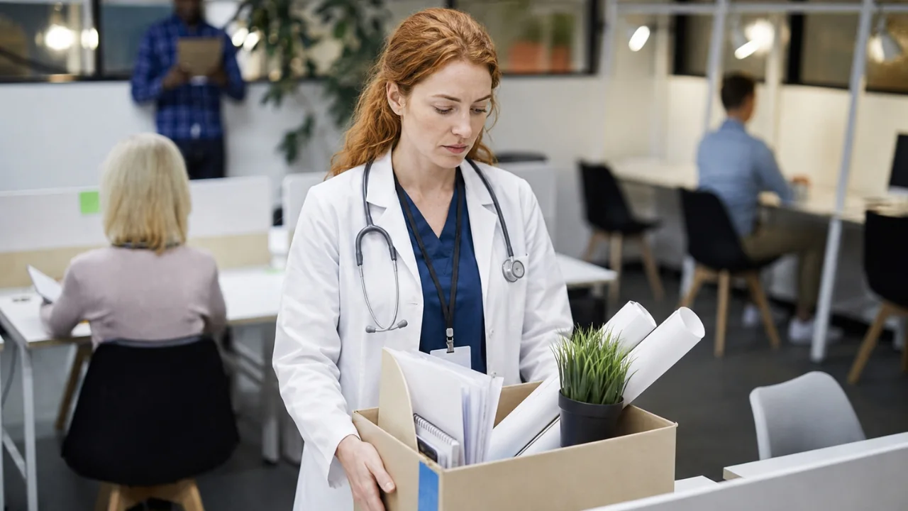 A doctor in a white coat and stethoscope leaving an open-plan office, carrying a box of files and a plant