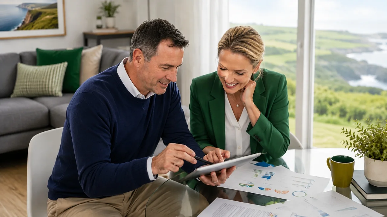 Two people reviewing financial documents together at a desk
